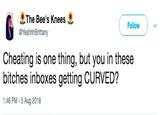 The Bee's Knees @YeahhhBrittany Follow Cheating is one thing, but you in these bitches inboxes getting CURVED? 1:46 PM - 5 Aug 2018