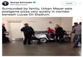 George Schroeder @GeorgeSchroeder Follow Surrounded by family, Urban Meyer eats postgame pizza very quietly in corridor beneath Lucas Oil Stadium