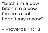 "bitch i'm a cow bitch i'm a cow i'm not a cat i don't say meow" Proverbs 11:18