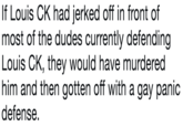 If Louis CK had jerked off in front of most of the dudes currently defending Louis CK, they would have murdered him and then gotten off with a gay panic defense.