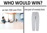 WHO WOULD WIN? an Am 100 Law Firm one pair of sweaty bois OIS
