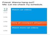 Friend: Wanna hang out? Me: Let me check my schedule. 12 Watch cat videos Wed 2 PM 3 PM 4 PM Deny all sweatpant allegations 5 PM Watch more cat videos 6 PM