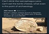 Can't drink the sarcophagus juice, can't eat the tomb cheese, what even is the point of archaeology ABC News@abcnews World's oldest cheese found in Egyptian tomb but it may be filled with a deadly disease ab.co/2vRG31H