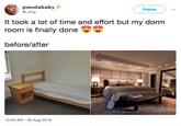 pravdababy @_trvly Follow lt took a lot of time and effort but my dorm room is finally donee before/after 12:55 AM - 30 Aug 2018