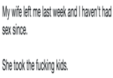 My wife left me last week and I haven't had sex since. She took the f------ kids.