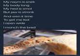 My naym is snek My body long My hed is smol But jaw is stronk And wen it time To get me fed l open wide l monch the bred