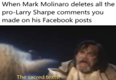 When Mark Molinaro deletes all the pro-Larry Sharpe comments you made on his Facebook posts The sacred texts.
