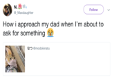 N. @_Maxdaughter Follow How i approach my dad when I'm about to ask for something なつ@modokinatu 04