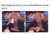 2-panel meme of Ellen cracking up on stage with caption about how it is when I am telling my own joke and keep laughing before I can get the words out properly. 