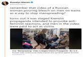 Rossalyn Warren "Kremlin propaganda" tweet Rossalyn Warren @RossalynWarren remember that video of a Russian woman pouring bleach on men on trains as a way to stop manspreading? turns out it was staged Kremlin propaganda intended to provoke anti feminist reactions, and men in the video were paid to act as victim Viral "Manspreading" Video is Staged Kremlin Propaganda EU vs D.. Russian state-owned social media channel stirs up hatred against feminists. euvsdisinfo.eu