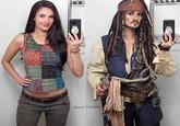 Side by side pictures of a girl and how she looks while sporting her Captain "Jack Sparrow":/memes/jack-sparrow cosplay which looks very convincingly like the real character from Pirates of The Caribbean played by Johnny Depp 