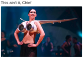 Meme of a woman at a fashion show wearing an airplane themed top that doesn't really serve any form or function, other than looking ridiculous. 