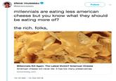 steve rousseau @steverousseau Follow millennials are eating less american cheese but you know what they should be eating more of? the rich. folks, Millennials Kill Again. The Latest Victim? American Cheese American cheese will never die. It has too many preservatives. bloomberg.com 10:19 AM 10 Oct 2018
