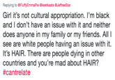 Replying to @FluffyEmmaPie @keetkaats @JeffreeStar Girl it's not cultural appropriation. I'm black and I don't have an issue with it and neither does anyone in my family or my friends. All see are white people having an issue with it. It's HAIR. There are people dying in other countries and you're mad about HAIR? #cantrelate