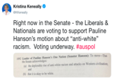 Kristina Keneally @KKeneally Right now in the Senate - the Liberals & Nationals are voting to support Pauline Hanson's motion about "anti-white" racism. Voting underway. #auspol 1092 Leader of Pauline Hanson's One Nation (Senator Hanson): To move-That the Senate acknowledges (a) the deplorable rise of anti-white racism and attacks on Western civilisation an (b) that it is okay to be white