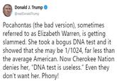 Donald J. Trump @realDonaldTrump Pocahontas (the bad version), sometimes referred to as Elizabeth Warren, is getting slammed. She took a bogus DNA test and it showed that she may be 1/1024, far less than the average American. Now Cherokee Nation denies her, "DNA test is useless." Even they don't want her. Phony!