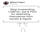 Militant Faggoft @lilgayafg Stop suspending LGBTQ+ ppl & POC for defending themselves from racists & bigots