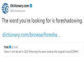 Dictionary.com D@Dictionarycom The word you're looking for is foreshadowing. dictionary.com/browse/foresha... TIME@TIME Titanic Il will set sail in 2022 following the same route as the original ti.me/2CZ0fHC
