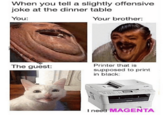 When you tell a slightly offensive joke at the dinner table You: Your brother: Printer that is supposed to print in black: The guest: I need MAGENTA