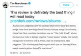 Tim Marchman Follow @timmarchman This review is definitely the best thing I will read today pitchfork.com/reviews/albums And at least Zeppelin knew to separate their sweet-lady-I'm-hormy songs from their howling-about-literary-fantasy songs. Hilariously Greta Van Fleet combine them into one on "The Cold Wind," where the narrator (who is dying) begs his "sweet mama" to take the family ox (I guess) to town to sell it, when, mid-ox-transaction, this happens: "The Yankee peddler bargains with you on his way/Whoa sweet mama's gotten herself a new dress." 12:40 PM -23 Oct 2018