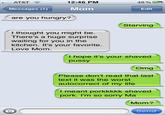 AT&T Messages (1 m are you hungry? 12:46 PM 45% Edit Starving l thought you might be. There's a huge surprise waiting for you in the kitchen. It's your favorite. Love Mom. I hope it's your s----------- Omg Please don't read that last text it was the worst autocorrect of my life I meant porkkkkk shaved pork. I'm so sorry Ma Mom? Send