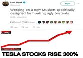 Elon Musk @elonmusk Segui Working on a new Muskett specificallyy designed for hunting ugly bastards 22:15 25 ott 2018 612 Retweet 7331 Mi piace90 9 225 ta 612 7331 Live Breaking News TESLA STOCKS RISE 300%