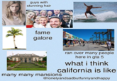guys with stunning hair fame galore ran over many people here in gta 5 what i think california is like many many mansions @lonelyandsadbutfunnyandhappy
