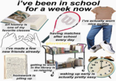 i've been in school for a week now i've actually worn nice outfits art history is one of my favorite classes having matches after school every day glovestory i've made a few new friends already getting to work in the library is 3 so relaxing 10 9 .8 homework is piling up waking up early is 6 5 actually pretty easy