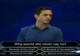 Why would she never say no? A: Because of the time? Because of the weather? C Because of the tide? D Because of the implication?