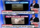 DEMOCRAT AGENDA ELECTION NIGHT in AMERICA 3 5002 HRS MIN SEC ELECTION DAY LIBERAL AGENDA IF DEMOCRATS WIN BIG TONIGHT.. CN S&P ▲ 14.05 REPUBLICAN AGENDA ELECTION NIGHT in AMERICA 3 50 43 HRS MIN SE ELECTION DAY GOP AGENDA IF REPUBLICANS WIN BIG TONIGHT... CNN DOW A 137.48