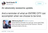 Scott Gustin @ScottGustin Follow An absolutely awesome update. And a reminder of what an ENTIRE CITY can accomplish when we choose to be kind. CBS Evening News. @CBSEveningNews GOOD NEWS IN GOTHAM: Five years ago, cancer patient Miles Scott memorably transformed into San Francisco's "Bat Kid," winning the hearts of the city.... CAN FR 0:19 9:05 PM-14 Nov 2018