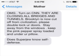 ..ooo AT&T 9:46 PM 85 %-, くMessages Mother Details OMG. Turn on CNN. THEY ARE CLOSING ALL BRIDGES AND TUNNELS. Brooklyn is now cut off from civilization. please double lock ur doors. Stay away from the windows . keep the pink pepper spray loaded and under ur pillow Does Superjew know self- defense.