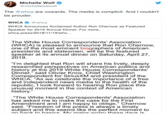 Michelle wolf @michelleisawolf The @whca are cowards. The media is complicit. And I couldn't be prouder. WHCA@whca WHCA Announces Acclaimed Author Ron Chernow as Featured Speaker for 2019 Annual Dinner. For more, whca.press/2018/11/19/whc... The White House Correspondents' Association (WHCA) is pleased to announce that Ron Chernow, one of the most eminent biographers of American presidents and statesmen, will be the featured speaker at its annual dinner on Saturday, April 27, 2019 "I'm delighted that Ron will share his lively, deeply researched perspectives on American politics and history at the 2019 White House Correspondents' Dinner," said Olivier Knox, Chief Washington Correspondent for SiriusXM and president of the WHCA. "As we celebrate the importance of a free and independent news media to the health of the republic, I look forward to hearing Ron place this unusual moment in the context of American history "The White House Correspondents' Association has asked me to make the case for the First Amendment and I am happy to oblige," Chernow said. "Freedom of the press is always a timely subject and this seems like the perfect moment to