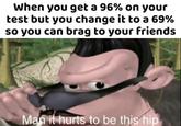 When you get a 96% on your test but you change it to a 69% so you can brag to your friends Mań it hurts to be this hip