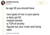rachelle toarmino @rchlltrmn Follow by age 30 you should have: -two types of rice in your pantry -a daily spf 50 -heated blanket -a TON of anxiety -figured out your moon and rising -debt 12:30 AM-22 Nov 2018