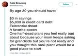 Kate Brauning @KateBrauning Follow By age 30 you should have: $3 in savings $5,000 in credit card debt Existential dread A favorite spoon One half-dead plant you feel really bad about because your mom keeps asking for grandkids but you're not ready and you thought this basil plant would be a good place to start 11:43 PM-22 Nov 2018