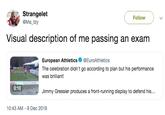 Strangelet @Ma tzy Follow Visual description of me passing an exam European Athletics@EuroAthletics The celebration didn't go according to plan but his performance was brilliant! 0:10 Jimmy Gressier produces a front-running display to defend his.. 10:43 AM-9 Dec 2018