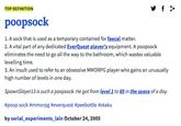 TOP DEFINITION poopsock 1. A sock that is used as a temporary contained for faecal matter. 2. A vital part of any dedicated EverQuest player's equipment. A poopsock eliminates the need to go all the way to the bathroom, which wastes valuable levelling time. 3. An insult used to refer to an obsessive MMORPG player who gains an unusually high number of levels in one da SpawnSlayer13 is such a poopsock. He got from level 1 to 60 in the space of a day. #poop sock #mmorpg #everquest #peebottle #otaku by serial experiments lain October 24,2 005