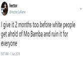 hector @Hector_LaFlame I give it 2 months too before white people get ahold of Mo Bamba and ruin it for everyone 5:07 AM - 1 Jun 2018