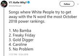 YT: Kofie Why?^ @KofieYeboah Follow Songs where White People try to get away with the N word the most October 2018 power rankings. 1. Mo Bamba 2. Freaky Friday 3. Gold Digger 4. Caroline 5. No Problem 11:57 PM -9 Oct 2018