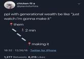 chicken fil a @plantsforhire ppl with generational wealth be like "just watch i'm gonna make it" them , 2 min making it 18:32 12/26/18 Twitter for iPhone 1,277 Retweets 6,215 Like:s