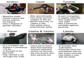 Androv Vasili Tyumal Massive Weeb Doesn't leave the house without his katana Has a dearee in garden studies Slav grandmaster Can jump several meters in the air MUST have his 10 cigars a day Has killed many amerikanski spies Is part mongolian Is legally retarded Has really poor eye sight Has a personal vendetta against squirrels Pavel Vasha & Vezho Laszlo Is 2.4 meters tall Weighs a whopping 170 kg s thought to be part bear Has carried a car through the urals Have yet to have their first birthday Alcohol addiction knows no bounds No one knows who their parents are Is actually also half italian Perfectly trims his moustache hair by hair every morning Has killed a man with his heels