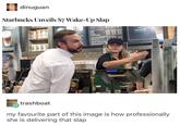 funny headline and picture joking that Starbucks is going to start offering wake up slaps to customers