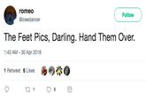 romeo Follow @iceedancer The Feet Pics, Darling. Hand Them Over. 1:43 AM-30 Apr 2018 1 Retweet 6 Likes 6