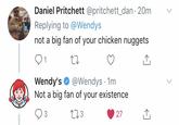 Daniel Pritchett @pritchett_dan 20m V Replying to @Wendys not a big fan of your chicken nuggets Wendy's@Wendys 1m Not a big fan of your existence 3 3 27