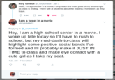 Tweet about the cliche introduction of a high-school senior character in most movies, in which he is late to class and says hi to the neighbors along the way, and still makes it in time for class before the bell and even shares a glance with a cute girl before the end of the scene