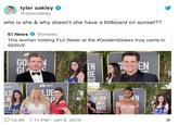 tyler oakley @tyleroakley who is she & why doesn't she have a billboard on sunset?? E! News@enews This woman holding FIJI Water at the #GoldenGlobes truly came to SERVE EN Gl BE NBC IFPA. LD GOLDENIEN OBE 12.8K 7:11 PM- Jan 6, 2019