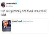 Lauren Duca @laurenduca The wall specifically didn't work in that show, idiot Donald J. Trump @realDonaldTrump