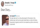 Donald J. Trump @realDonaldTrump Dear Diary... Jim Acosta @Acosta The steel slats don't run the entire length of the border in the McAllen area. We found one part where there is a chain link fence. Occasionally migrants come thru but residents say their community is quite safe.