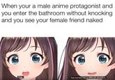 When your a male anime protagonist and vou enter the bathroom without knocking and you see your female friend naked This. has turned into a difficult situation.